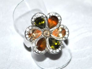 Bague vintage fleurs SLOM Argent 925 et cristal taillé vert et orangé T54