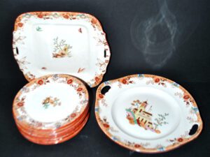 SARREGUEMINES Service dessert 12 assiette Faïence OPAQUE bambou chinois Asia polychrome