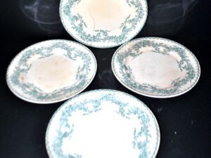 Faïencerie ONNAING Lot 4 assiettes COPPELIA fleuri vert Faïence Terre de fer