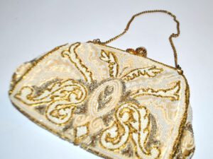 Sac Bourse doré en sablé de perles Lunéville - Sac Minaudière rétro Années 5O