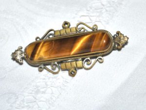 Broche vintage Barrette en laiton et cabochon en pierre oeil de tigre