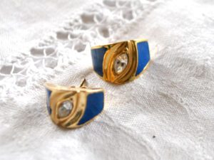 Boucles d'oreilles anneau Vintage en Plaqué Or émaillé bleu et strass