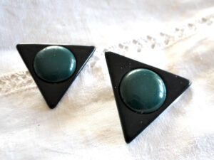 Boucles d'oreilles CLIPS triangle noir et vert - Bijou vintage 1970