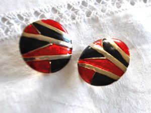 Boucles d'oreilles CLIPS émaillé rouge et noir - Bijou vintage plaqué or