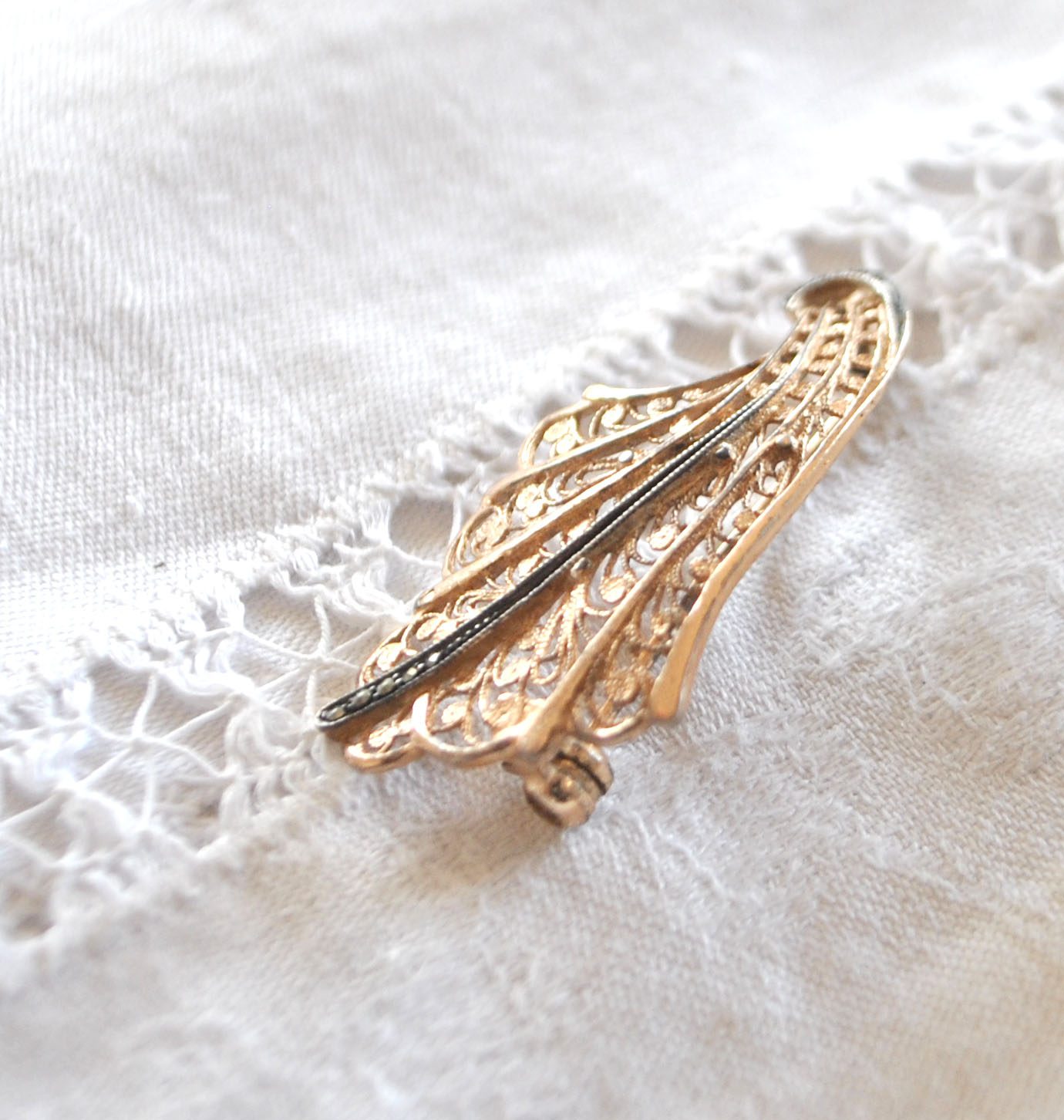 Broche OR sur Argent 835 Vermeil - Corne abondance filigrane marcassite – Image 6