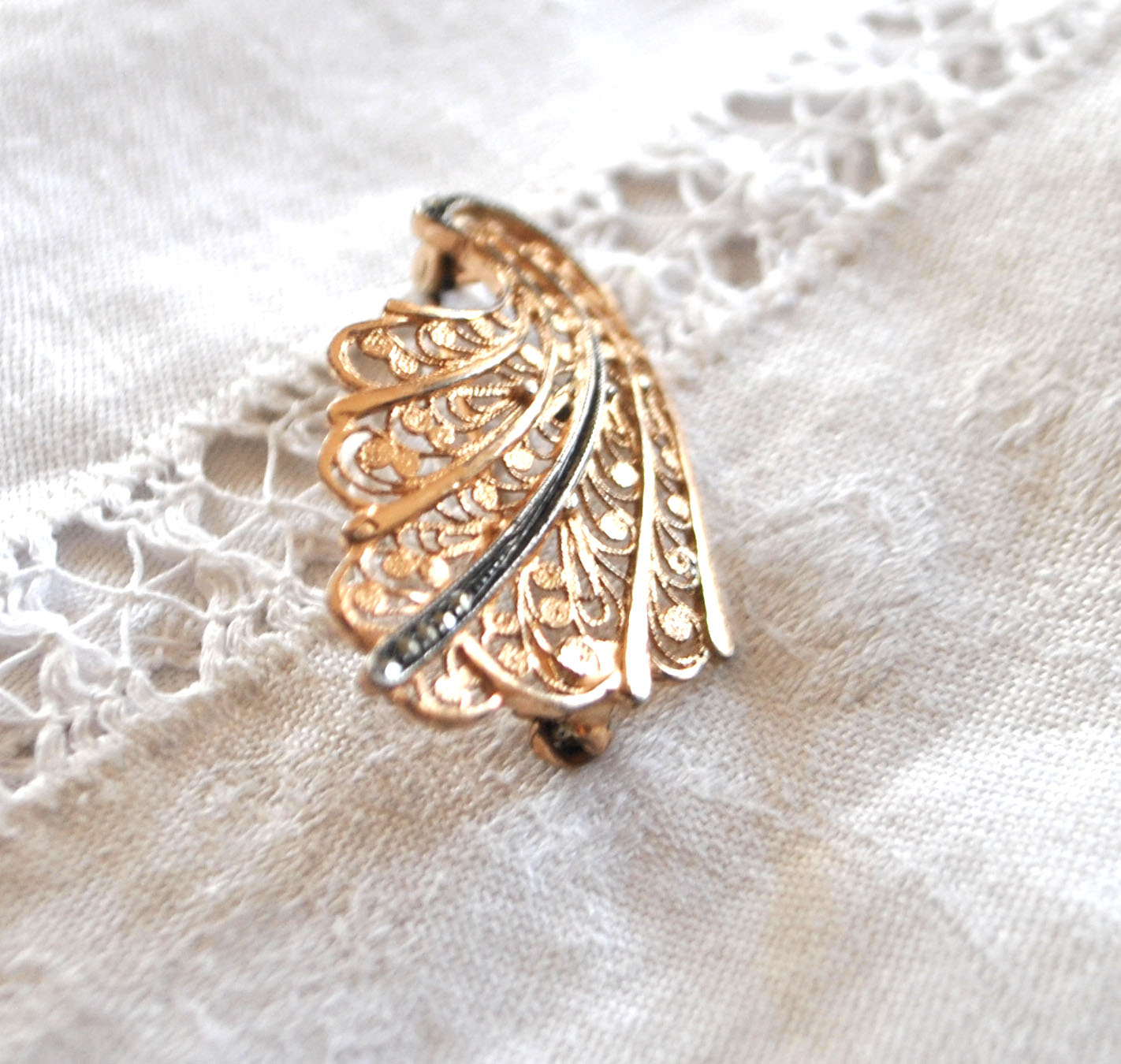 Broche OR sur Argent 835 Vermeil - Corne abondance filigrane marcassite – Image 7