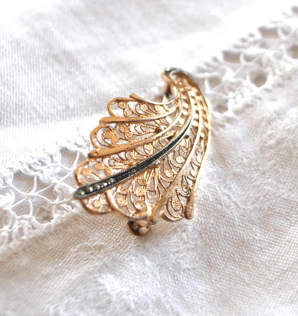 Broche OR sur Argent 835 Vermeil - Corne abondance filigrane marcassite – Image 12