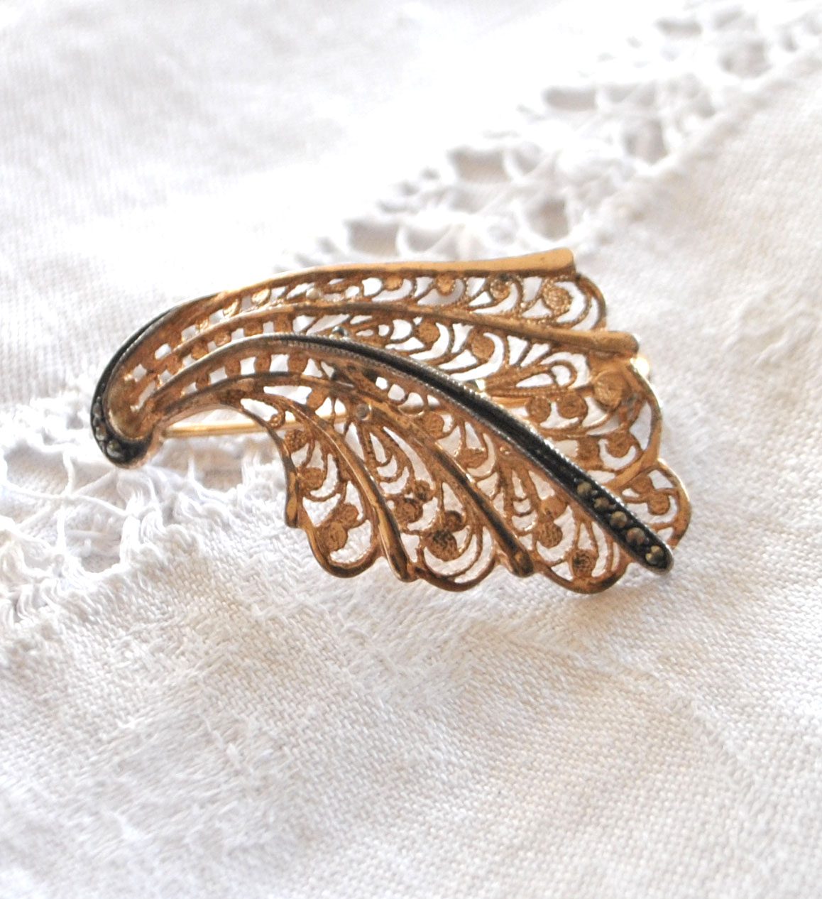Broche OR sur Argent 835 Vermeil - Corne abondance filigrane marcassite – Image 13