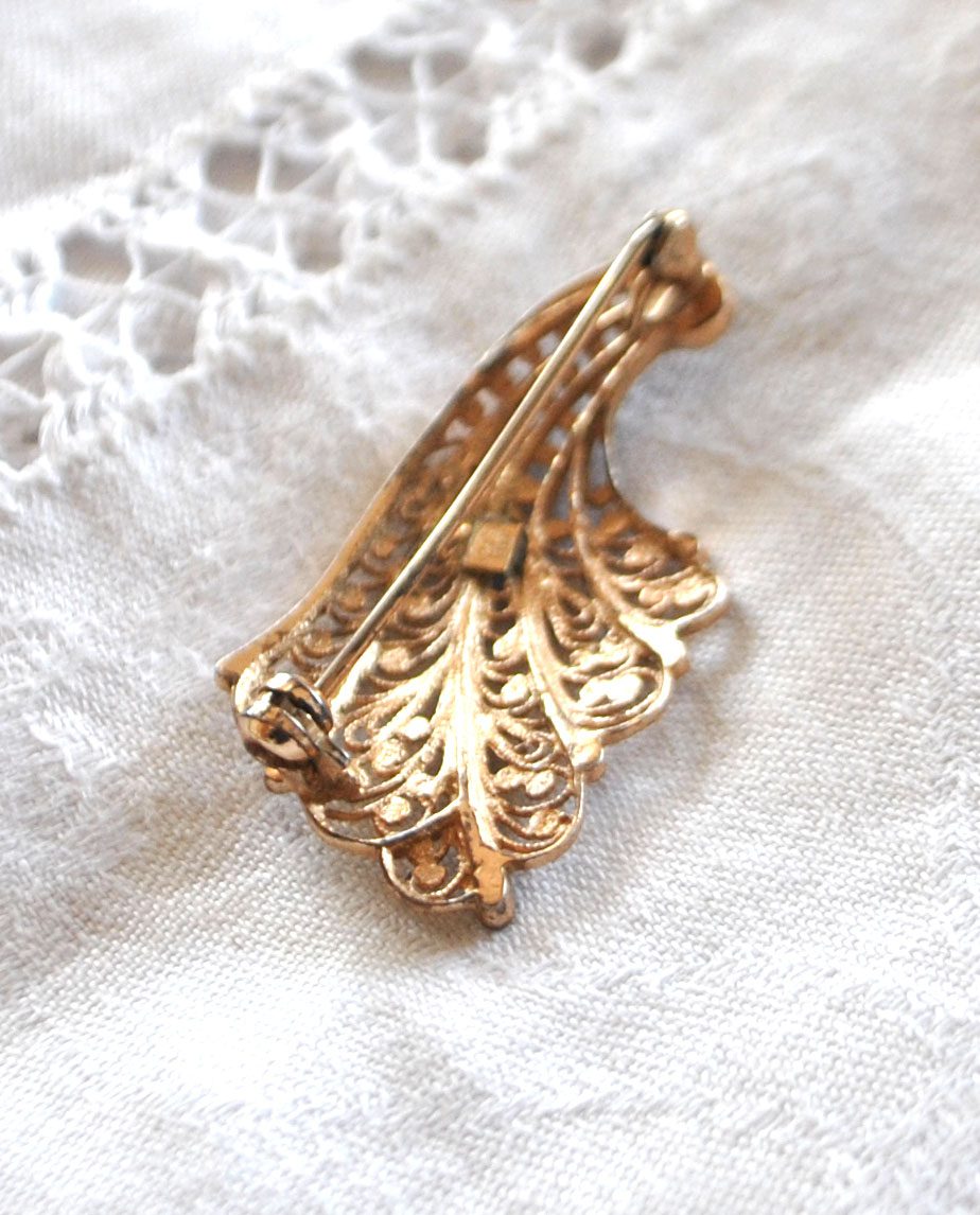 Broche OR sur Argent 835 Vermeil - Corne abondance filigrane marcassite – Image 2