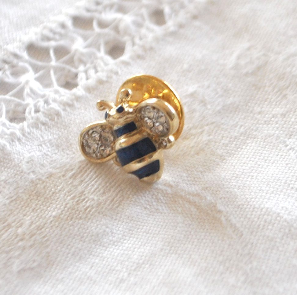 Broche Pin's insecte Abeille doré strass et émail BIJOU VINTAGE 2 cm – Image 6
