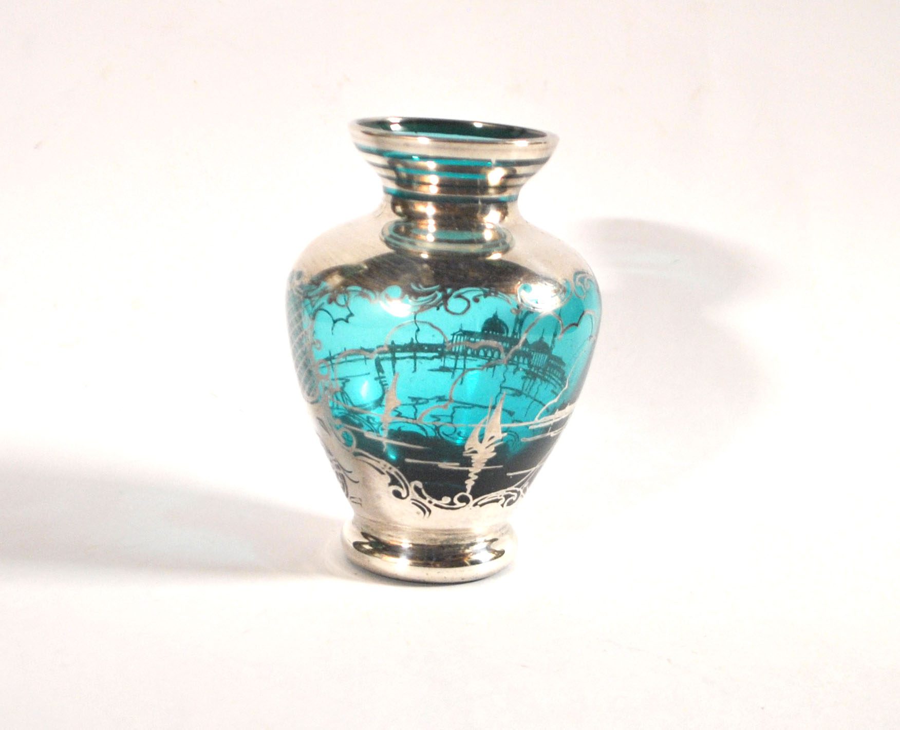 Vase vintage en verre bleu et argent Vue Venise gondole ITALIE MURANO – Image 8