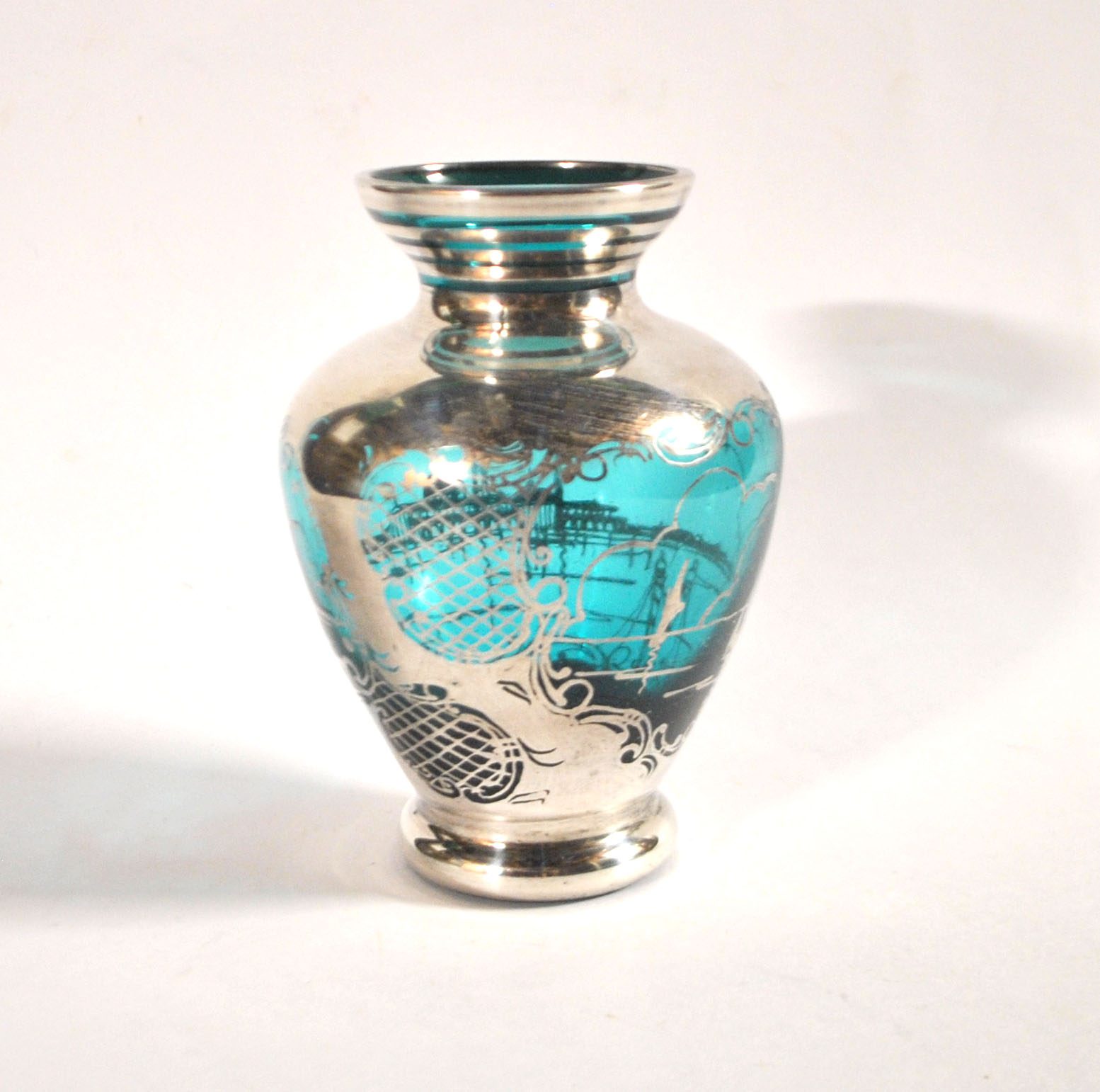 Vase vintage en verre bleu et argent Vue Venise gondole ITALIE MURANO – Image 9