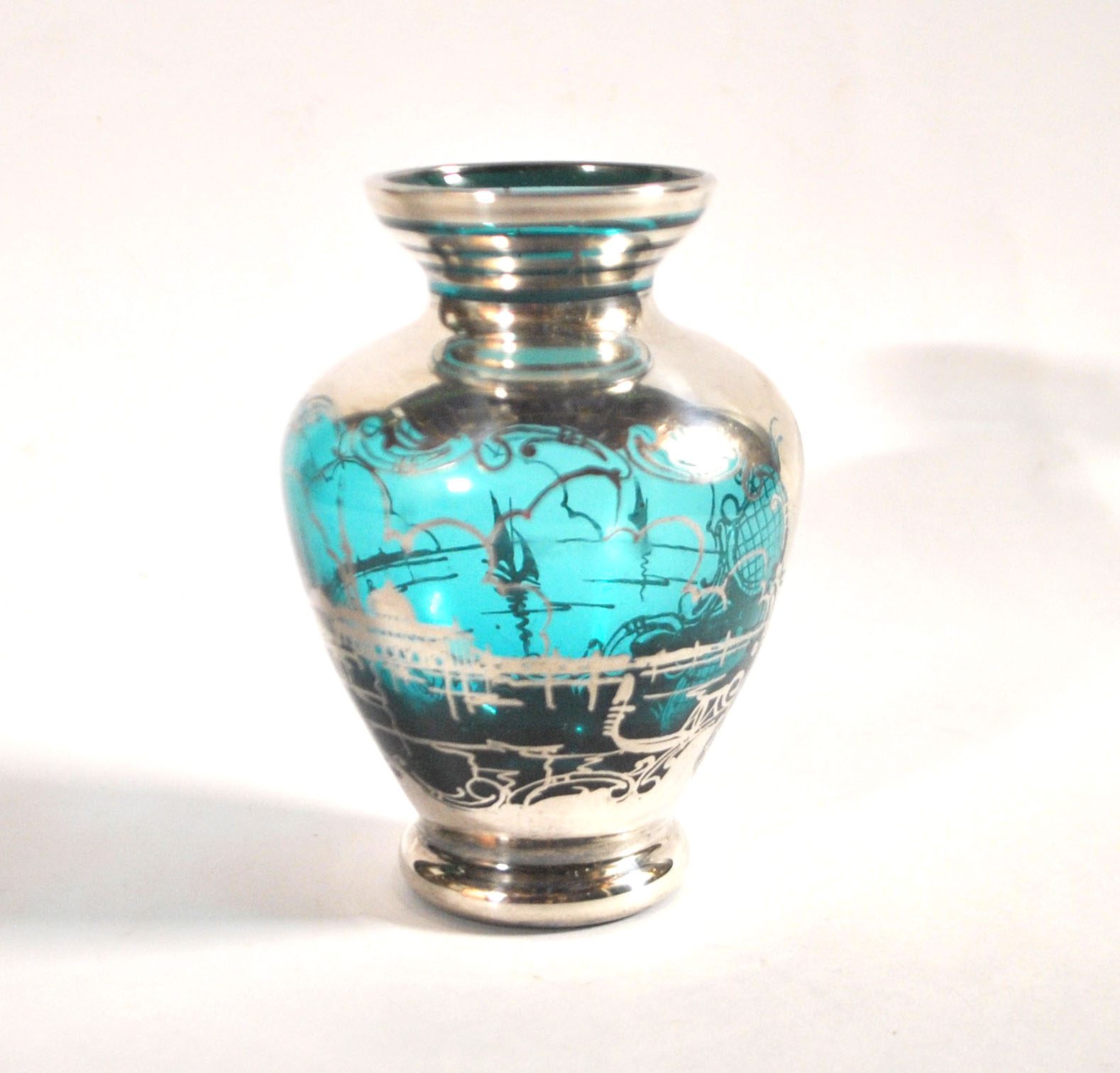Vase vintage en verre bleu et argent Vue Venise gondole ITALIE MURANO – Image 10