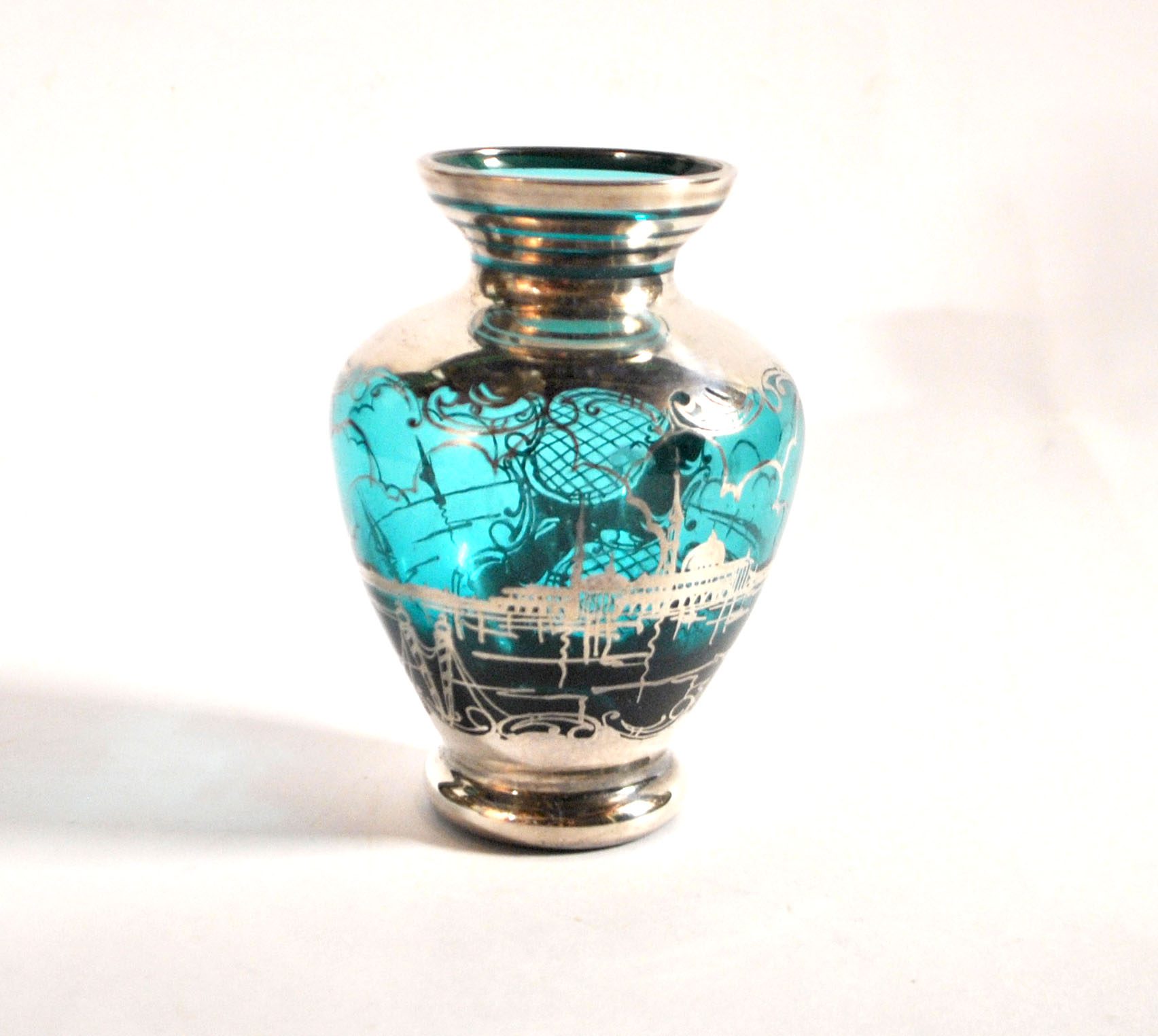 Vase vintage en verre bleu et argent Vue Venise gondole ITALIE MURANO – Image 11