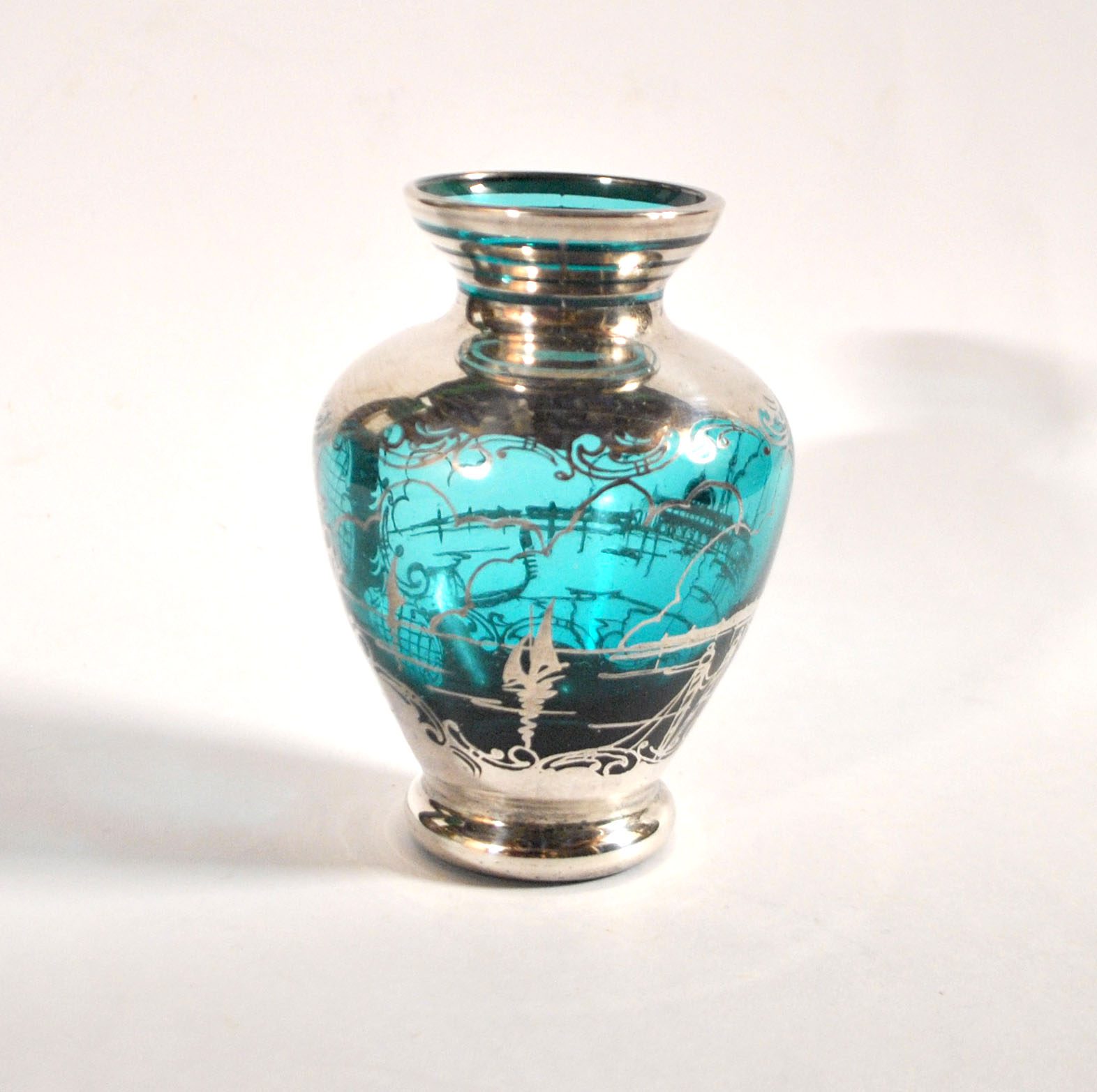 Vase vintage en verre bleu et argent Vue Venise gondole ITALIE MURANO – Image 12