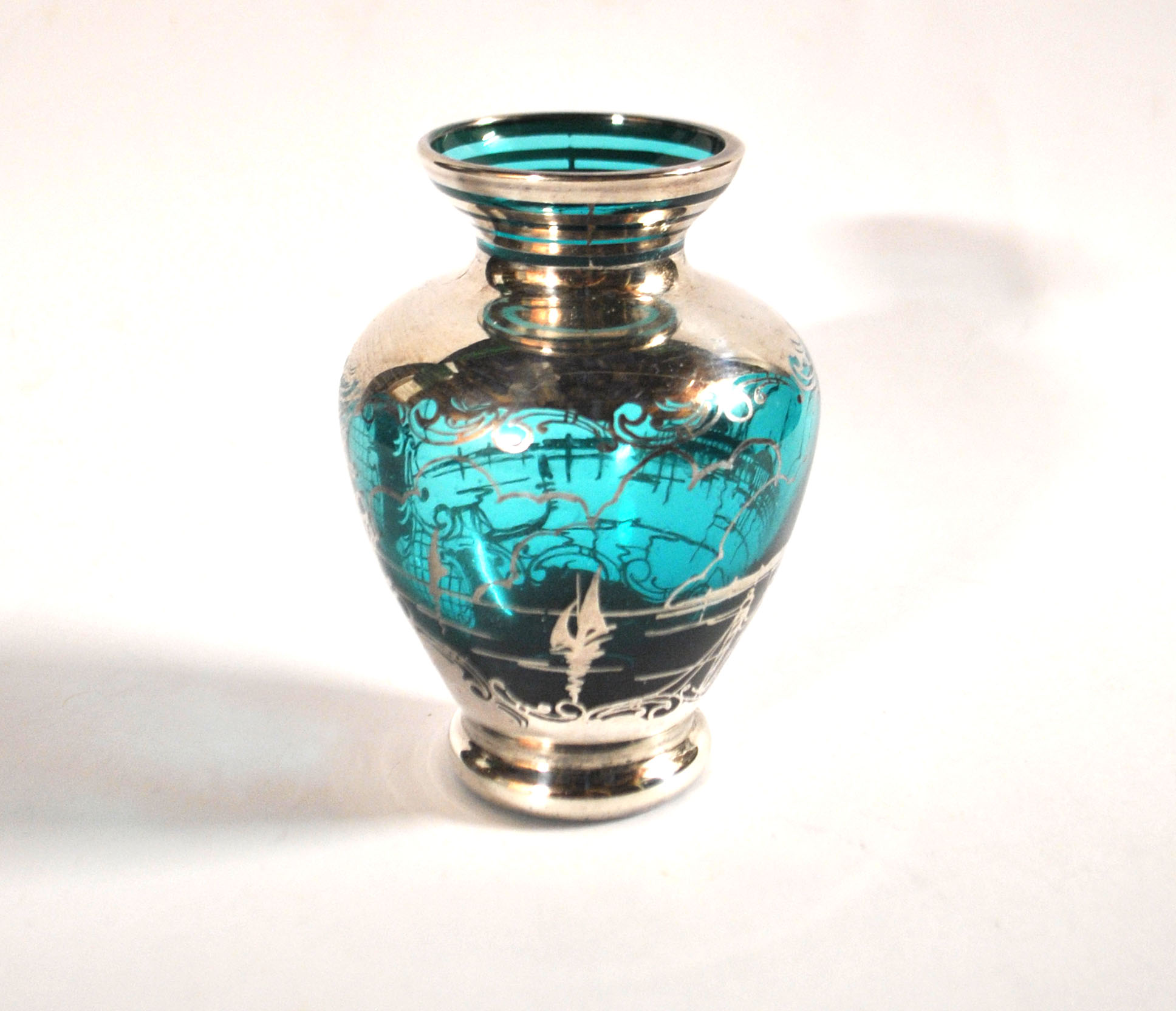 Vase vintage en verre bleu et argent Vue Venise gondole ITALIE MURANO – Image 13