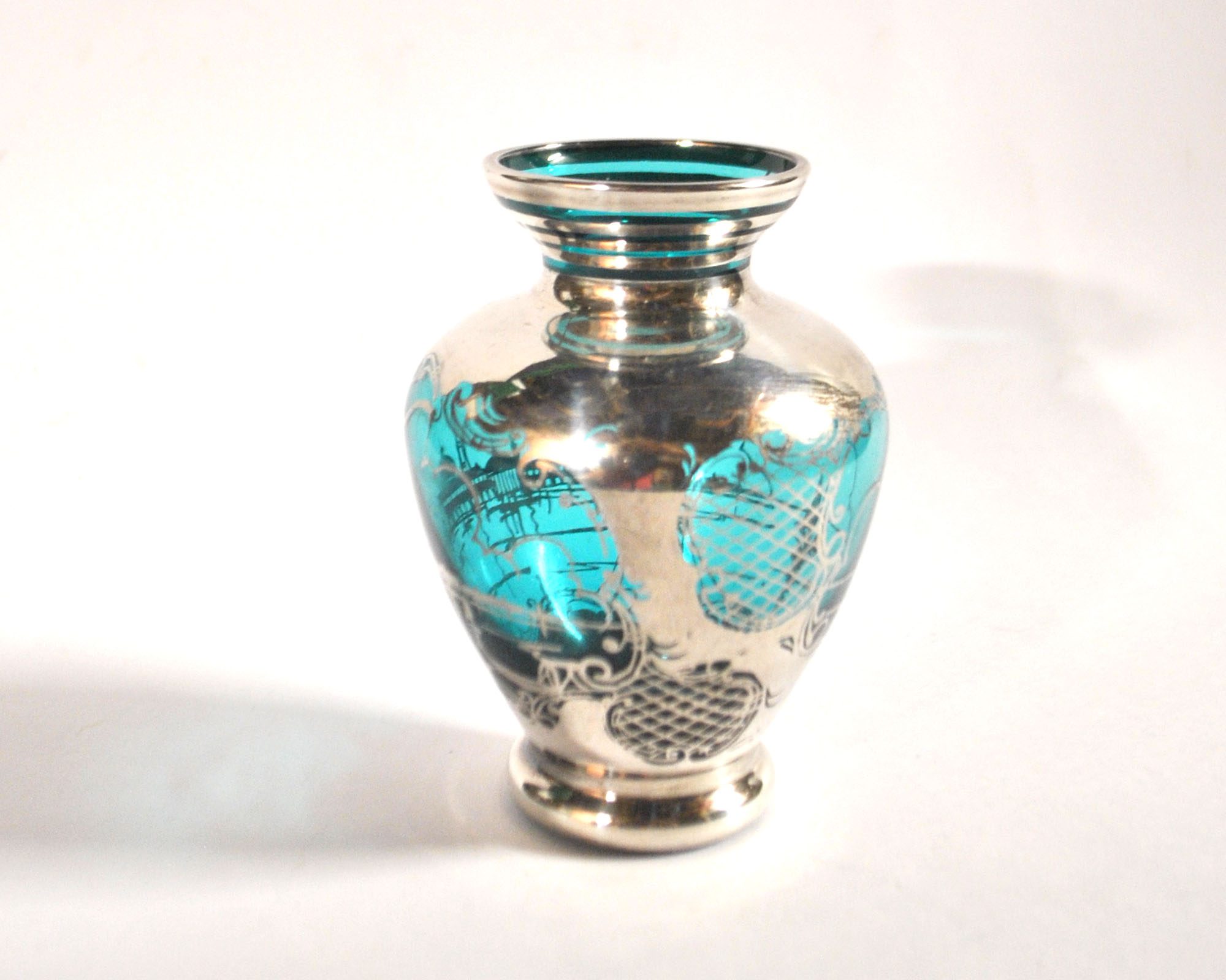 Vase vintage en verre bleu et argent Vue Venise gondole ITALIE MURANO – Image 2