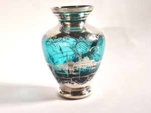 Vase vintage en verre bleu et argent Vue Venise gondole ITALIE MURANO