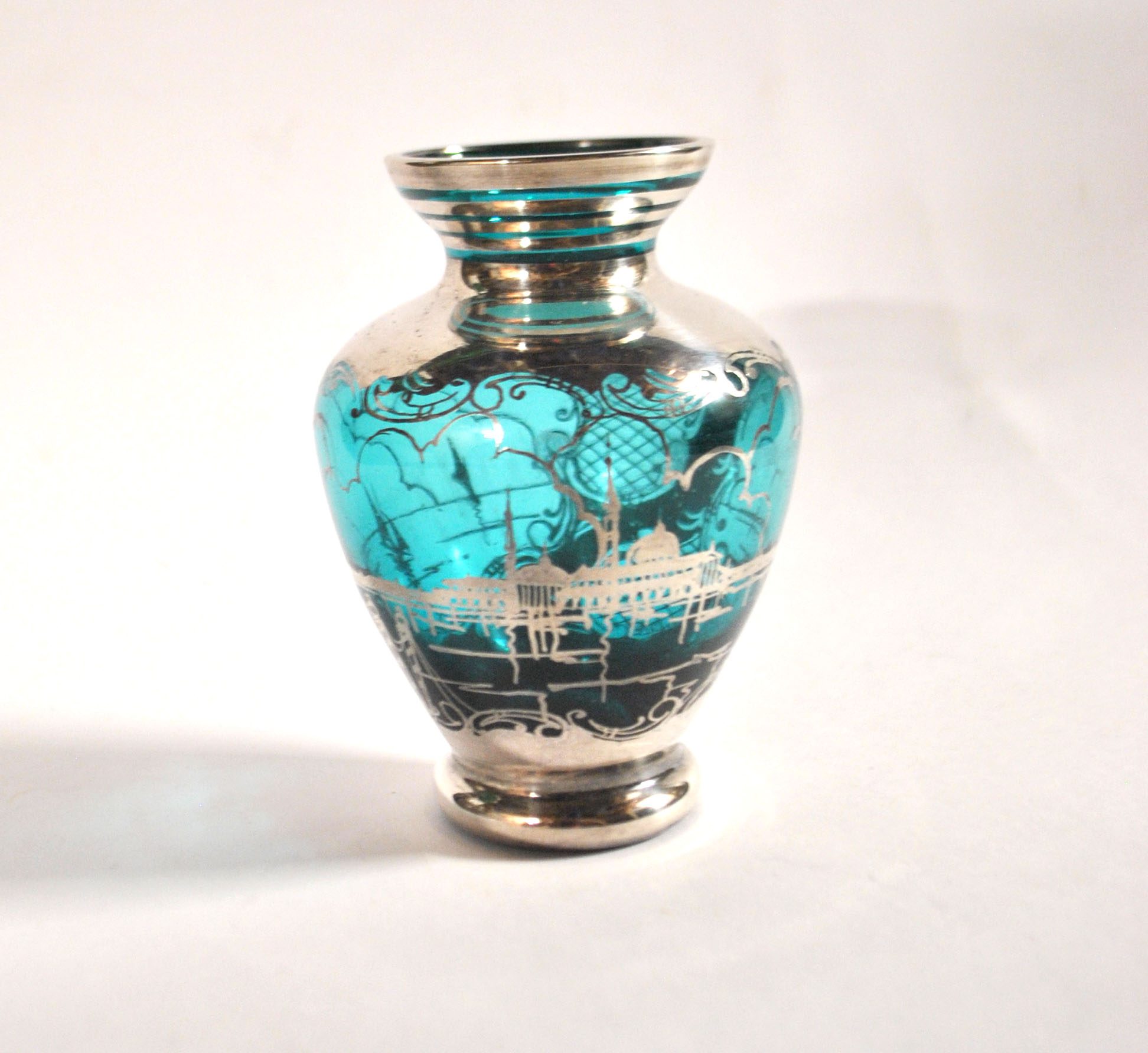 Vase vintage en verre bleu et argent Vue Venise gondole ITALIE MURANO