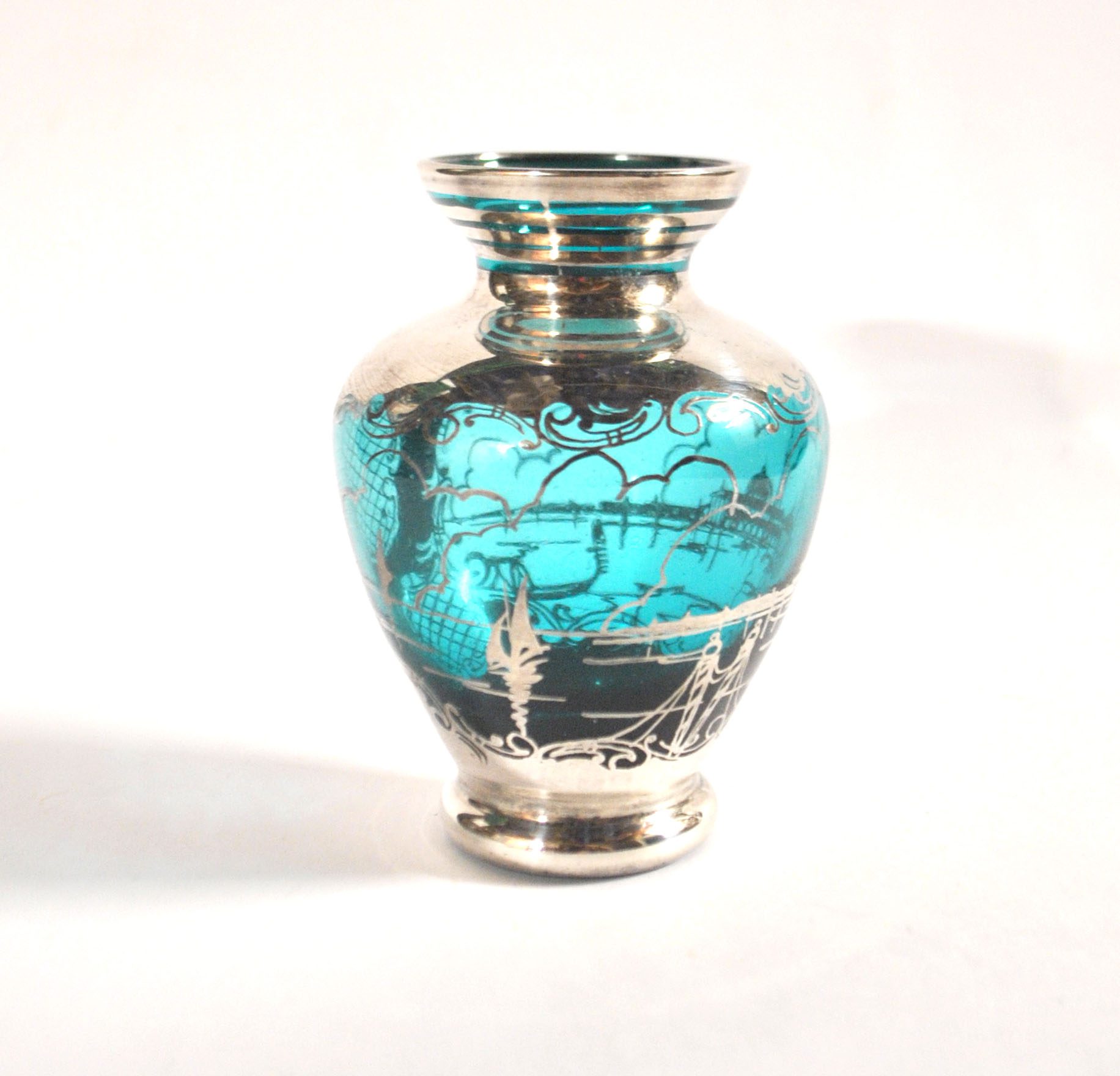 Vase vintage en verre bleu et argent Vue Venise gondole ITALIE MURANO – Image 4