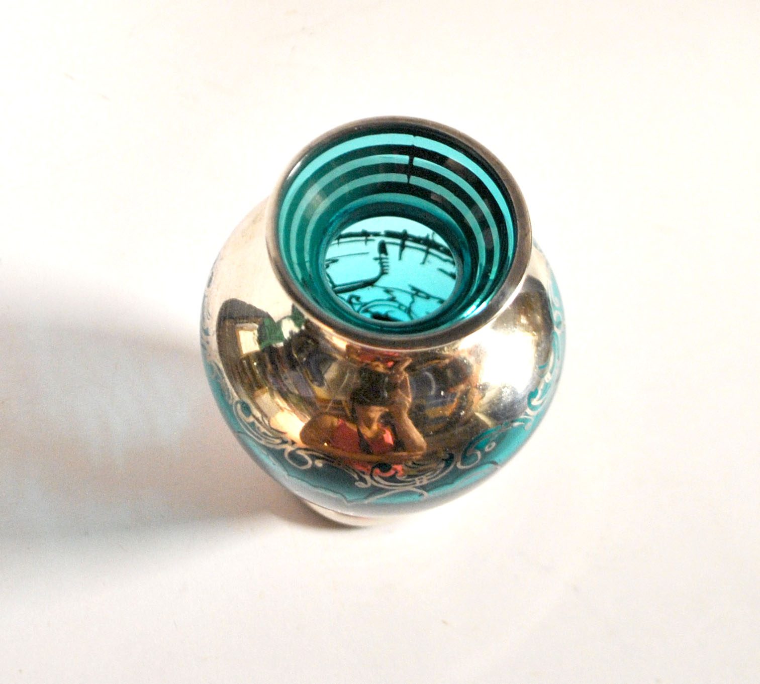 Vase vintage en verre bleu et argent Vue Venise gondole ITALIE MURANO – Image 6