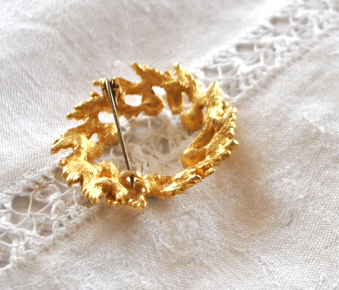 Broche rétro en plaqué Or couronne feuille et strass bleu turquoise BIJOU VINTAGE – Image 7