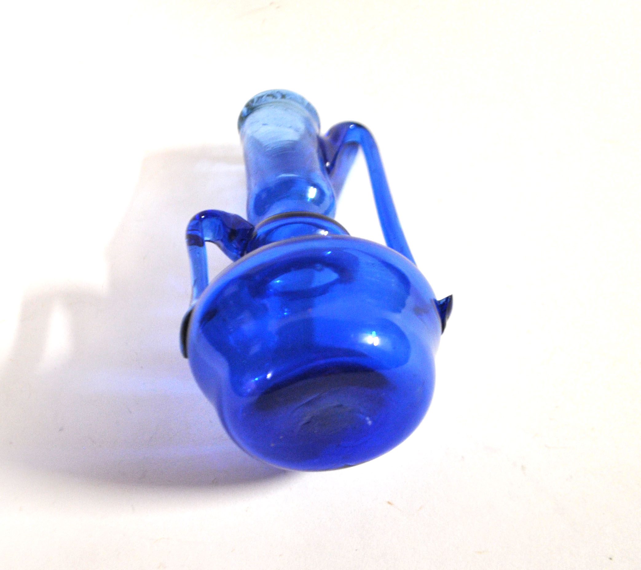Vase soliflore flacon miniature ancien en verre soufflé bleu ARTISANAT 1900 – Image 12