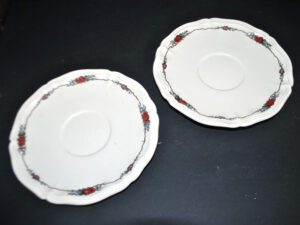 SARREGUEMINES Lot 2 sous-tasses Faïence OBERNAI rubans fleuri 19.3 cm