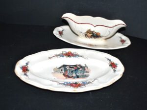 SARREGUEMINES Lot Saucière et ravier en faïence décor "Obernai" Henri Loux