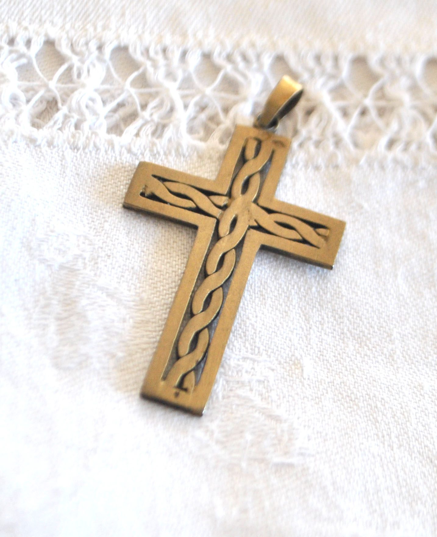 Pendentif croix tressage ARGENT Plaqué Or Vermeil - Collier Bijou rétro 1920 – Image 3
