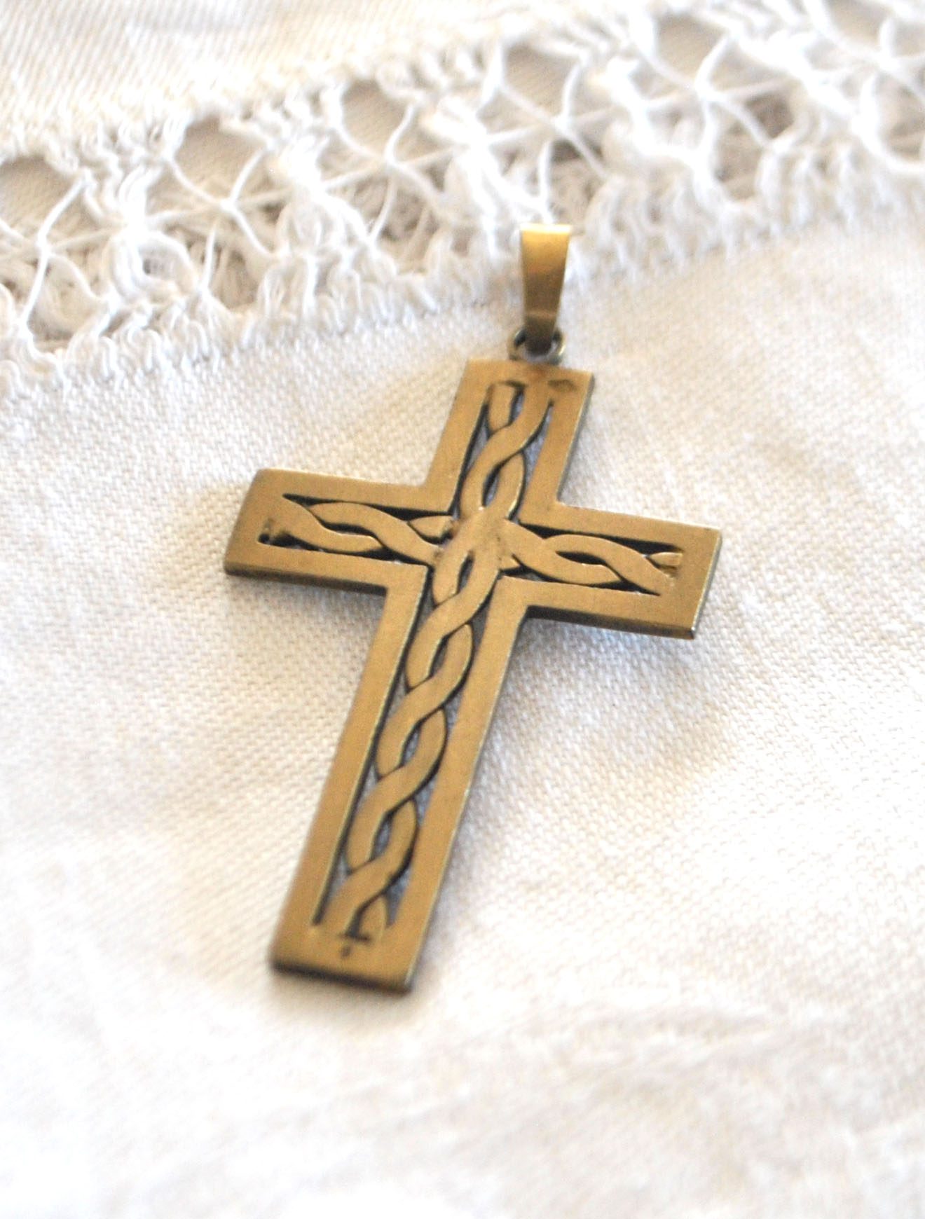 Pendentif croix tressage ARGENT Plaqué Or Vermeil - Collier Bijou rétro 1920 – Image 4