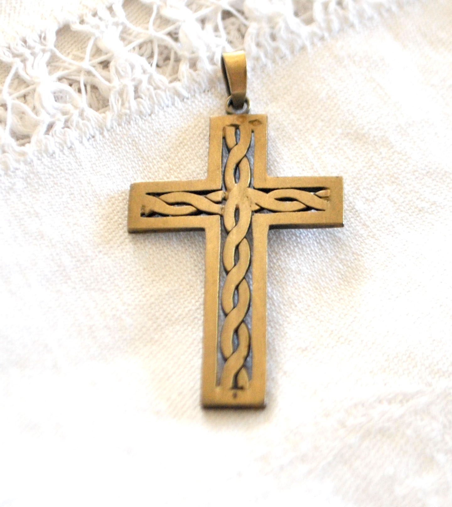 Pendentif croix tressage ARGENT Plaqué Or Vermeil - Collier Bijou rétro 1920