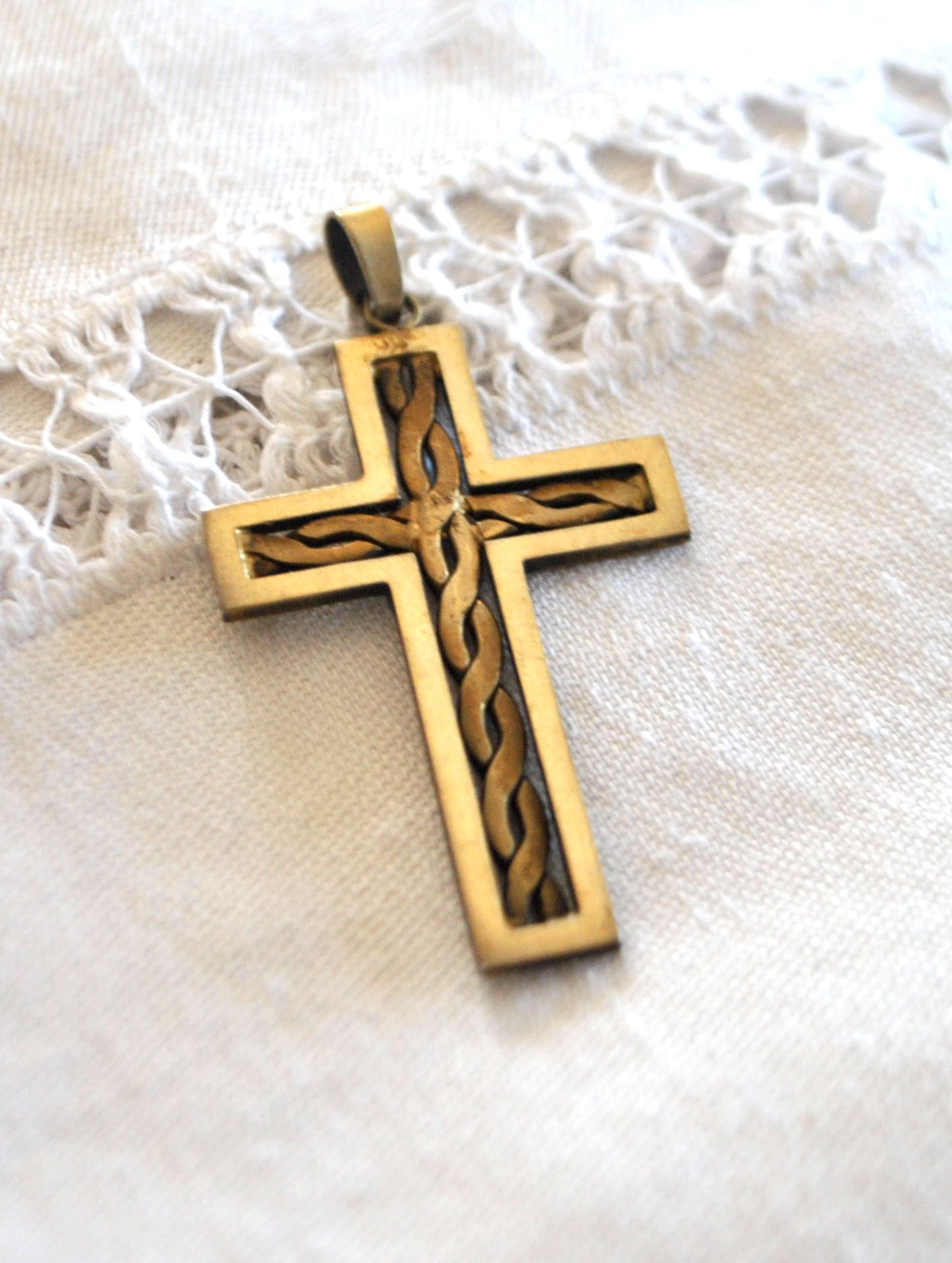 Pendentif croix tressage ARGENT Plaqué Or Vermeil - Collier Bijou rétro 1920 – Image 8