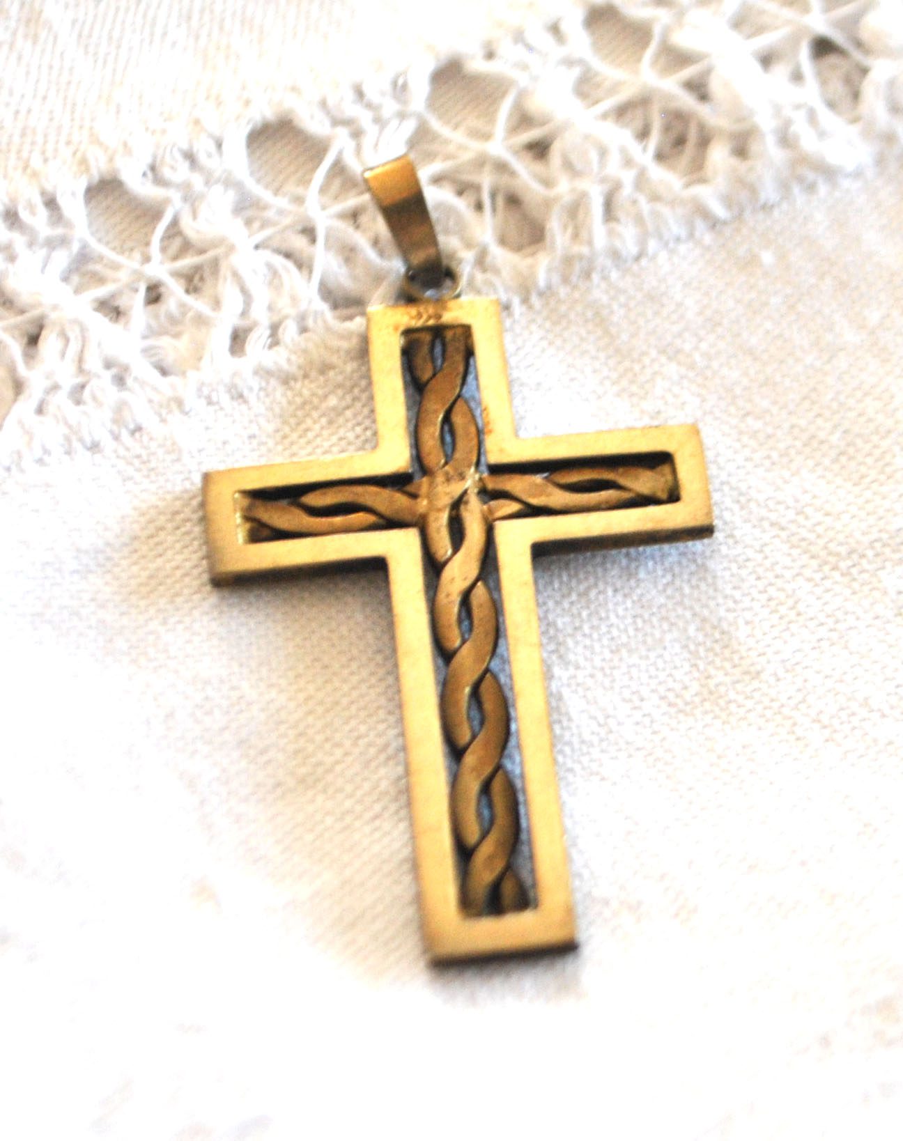 Pendentif croix tressage ARGENT Plaqué Or Vermeil - Collier Bijou rétro 1920 – Image 9