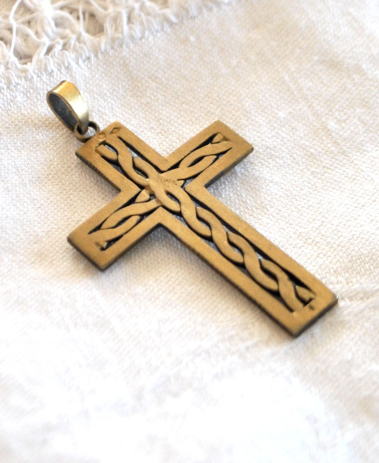 Pendentif croix tressage ARGENT Plaqué Or Vermeil - Collier Bijou rétro 1920 – Image 2