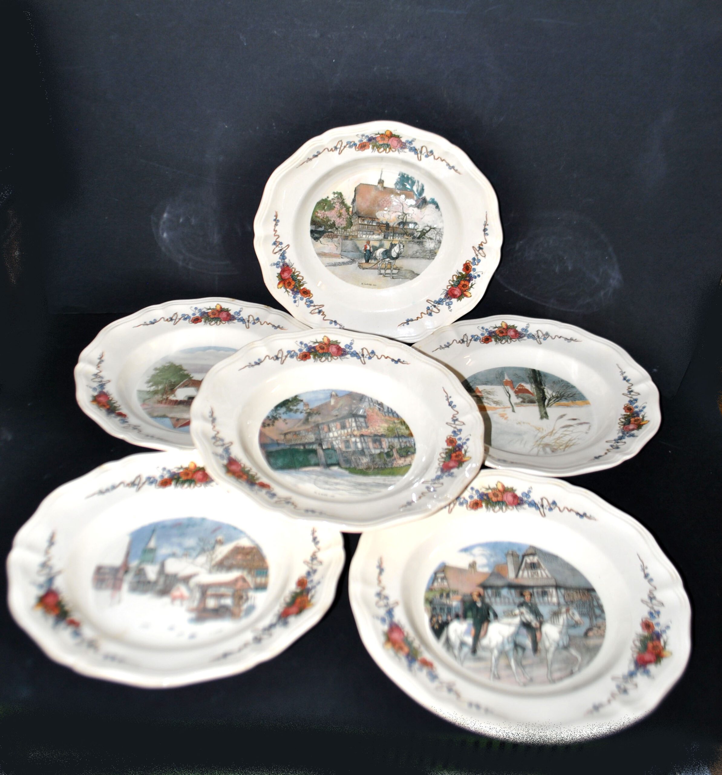 SARREGUEMINES Lot 6 assiettes creuse OBERNAI décor LOUX - ALSACE