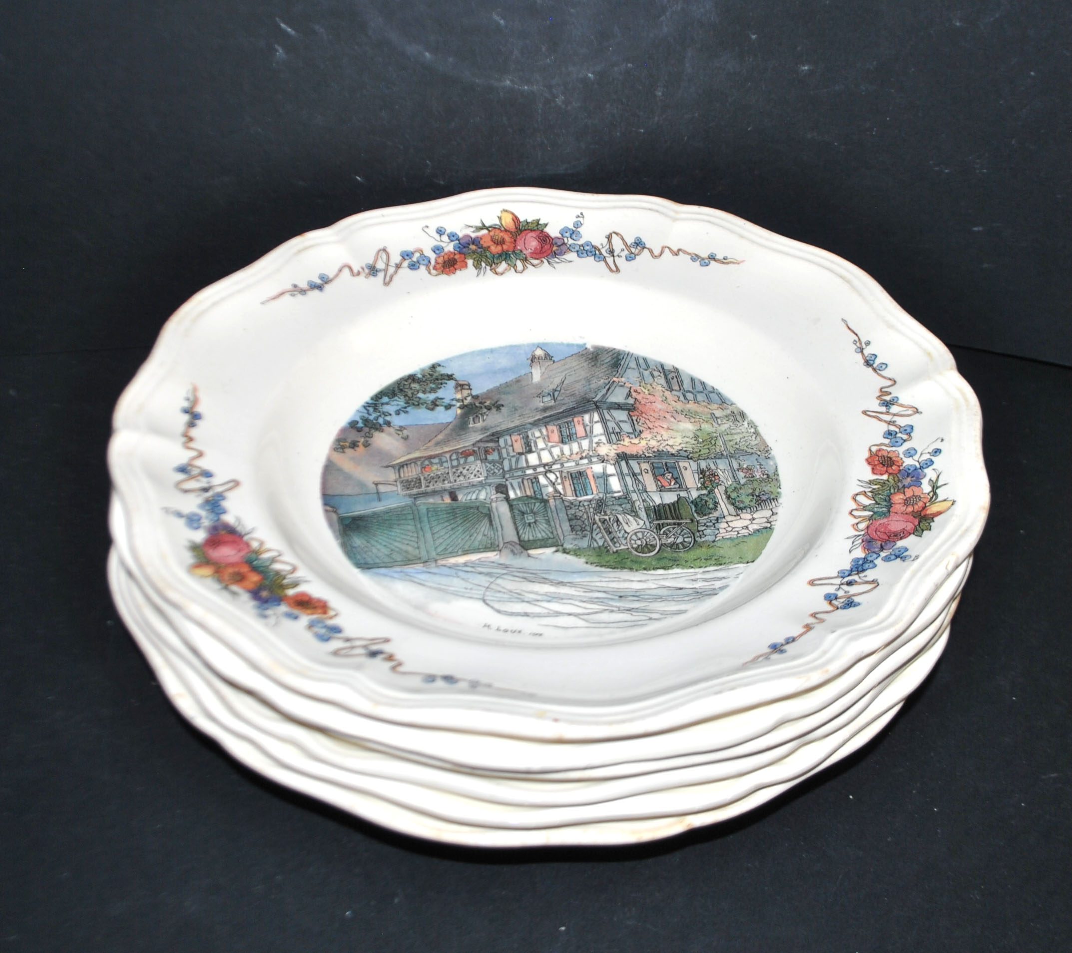 SARREGUEMINES Lot 6 assiettes creuse OBERNAI décor LOUX - ALSACE – Image 2