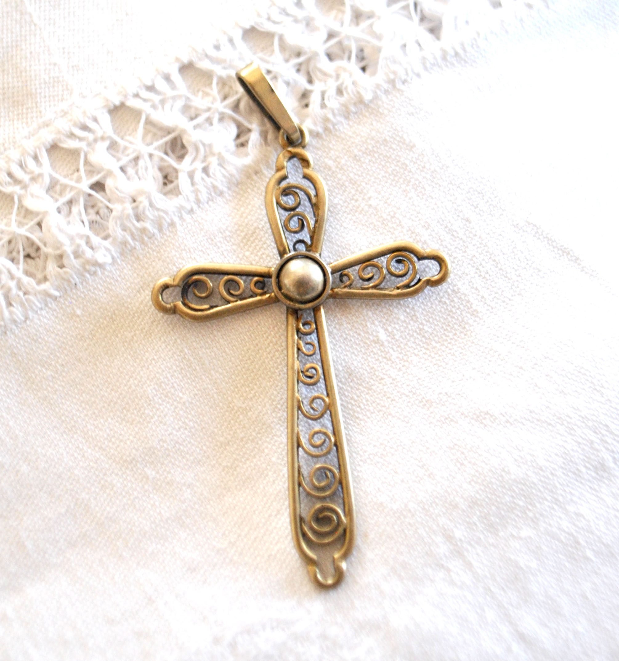 Pendentif croix ARGENT 800 crabe décor filigrane - Collier Bijou rétro 1920