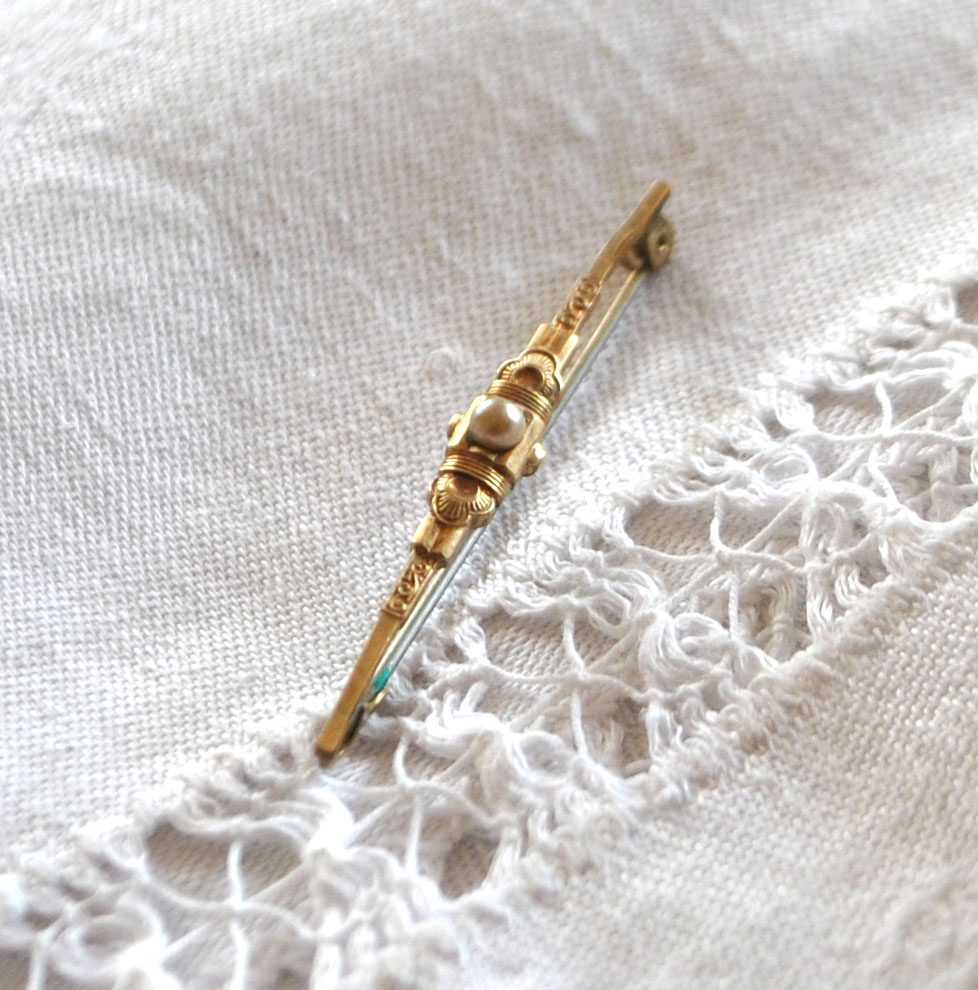 Broche ART DECO épingle fine Barrette Plaqué OR laminé + Perle 1920 – Image 3