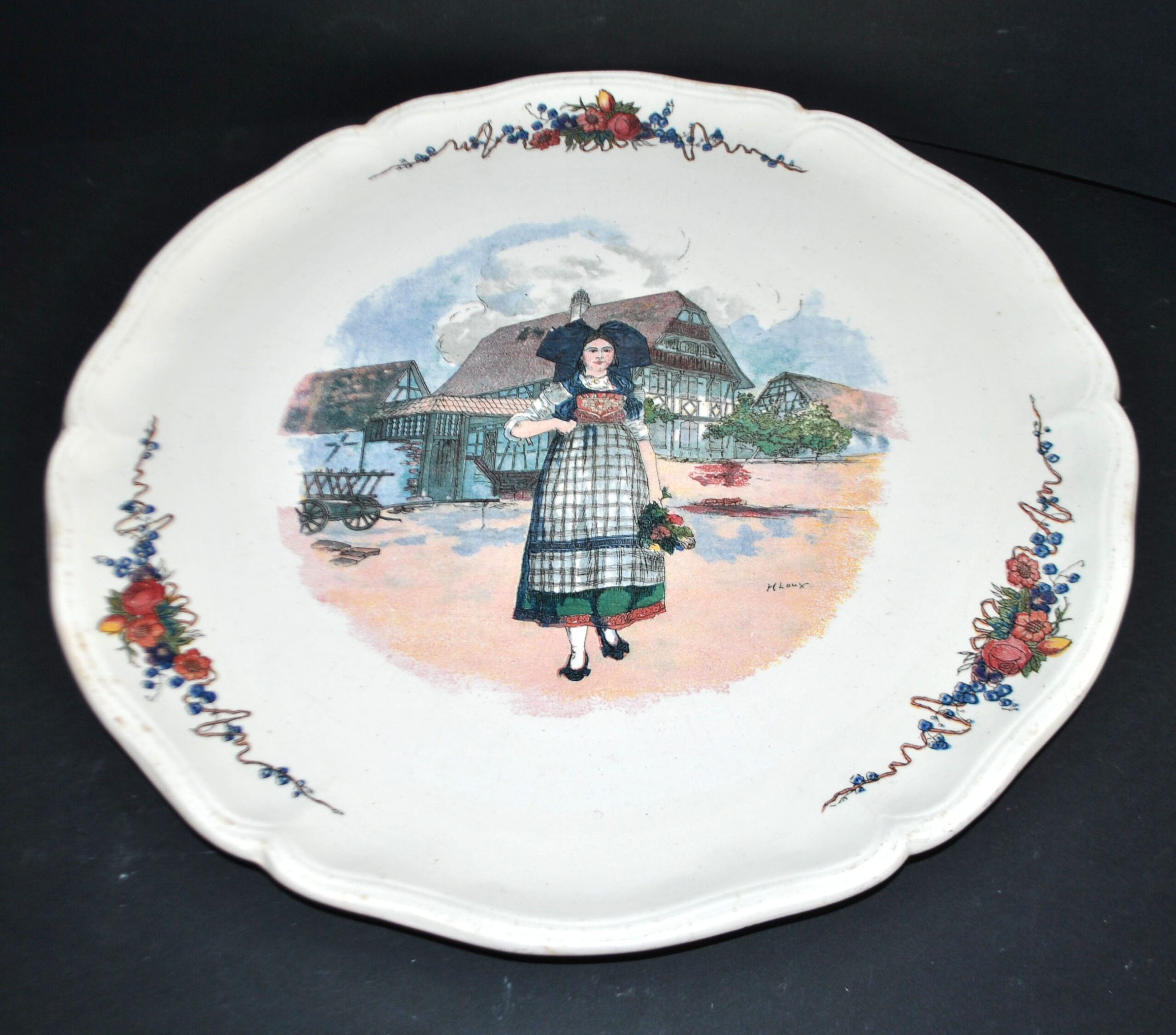 SARREGUEMINES Plat à tarte en faïence ALSACE décor "Obernai" Loux 34cm – Image 6