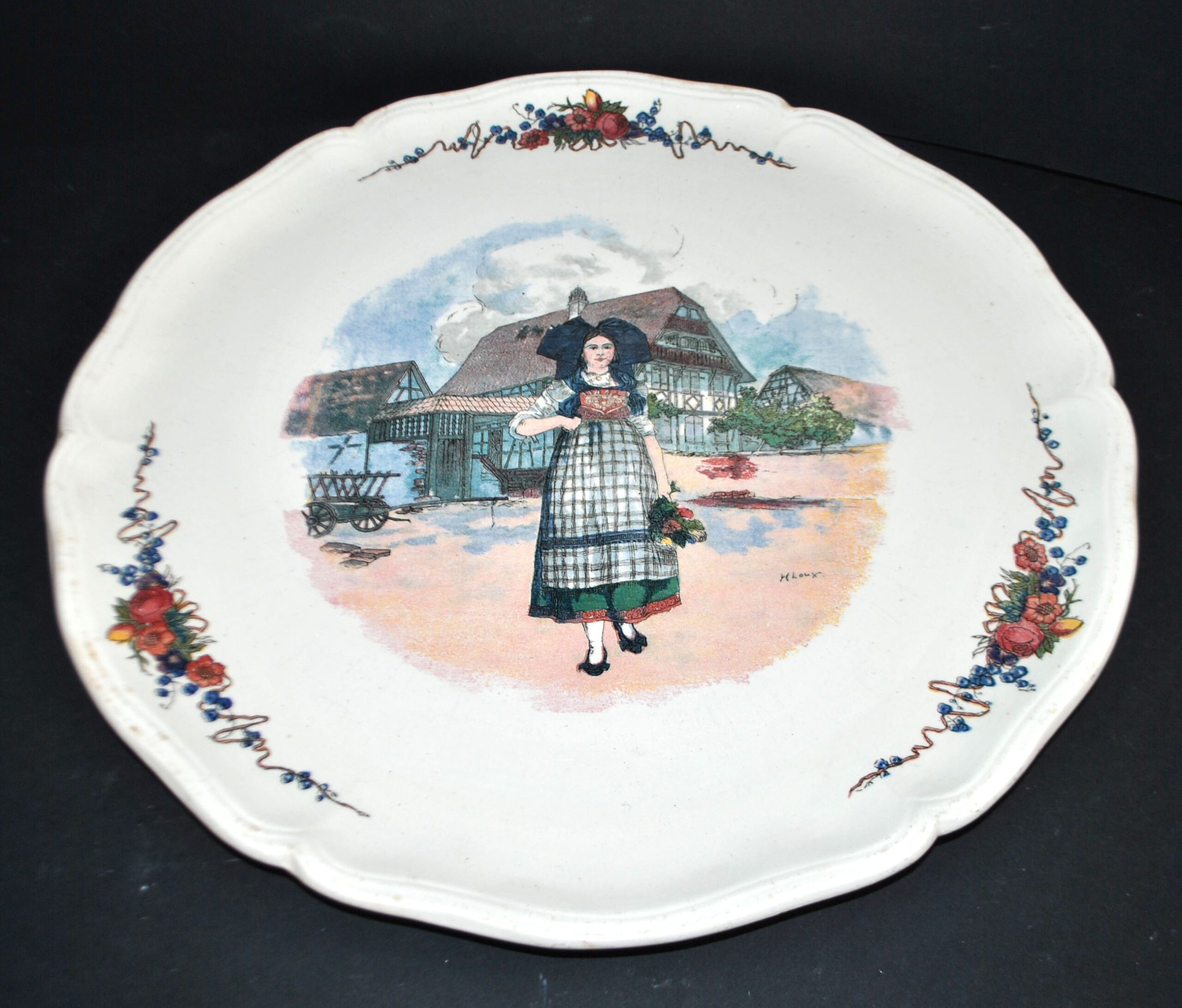 SARREGUEMINES Plat à tarte en faïence ALSACE décor "Obernai" Loux 34cm – Image 2