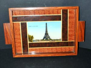Plateau ART DECO Souvenir de Paris ART en bois et Verre Vue Tour Eiffel 1930