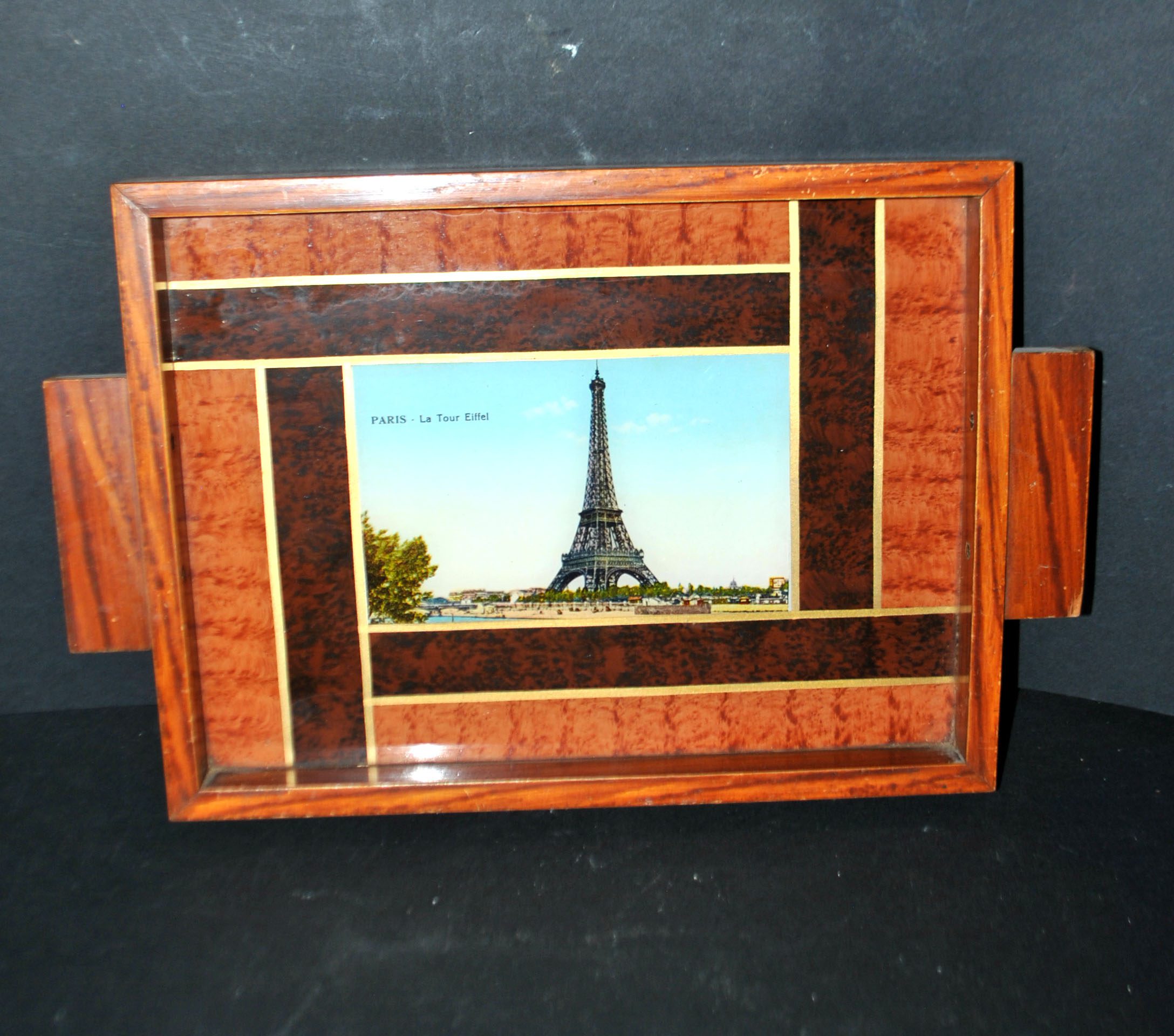 Plateau ART DECO Souvenir de Paris ART en bois et Verre Vue Tour Eiffel 1930