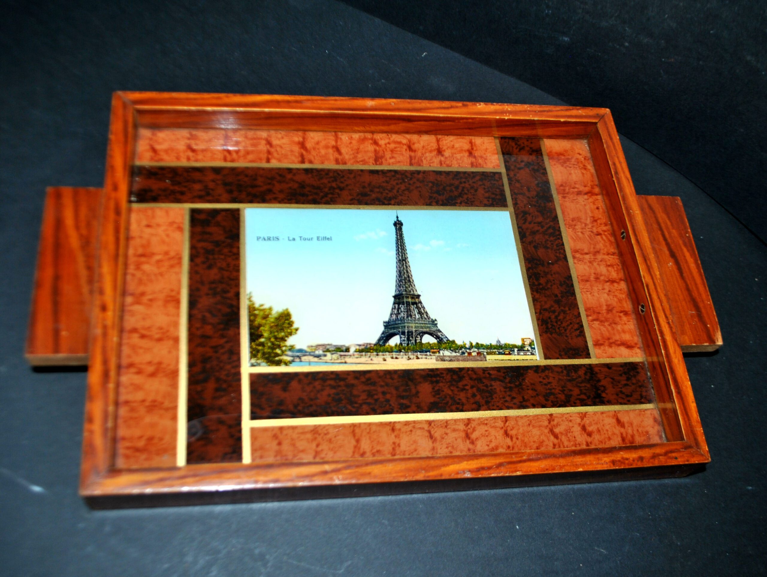 Plateau ART DECO Souvenir de Paris ART en bois et Verre Vue Tour Eiffel 1930 – Image 8