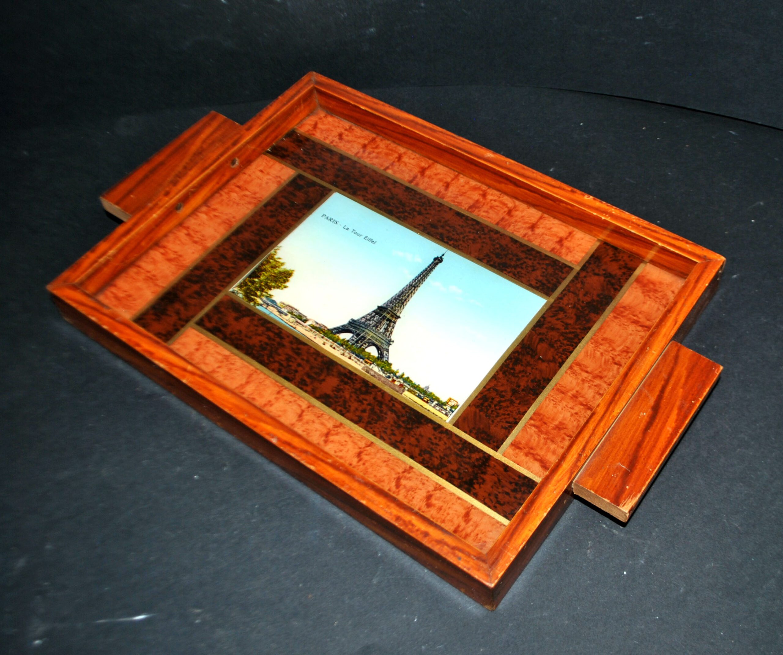 Plateau ART DECO Souvenir de Paris ART en bois et Verre Vue Tour Eiffel 1930 – Image 4