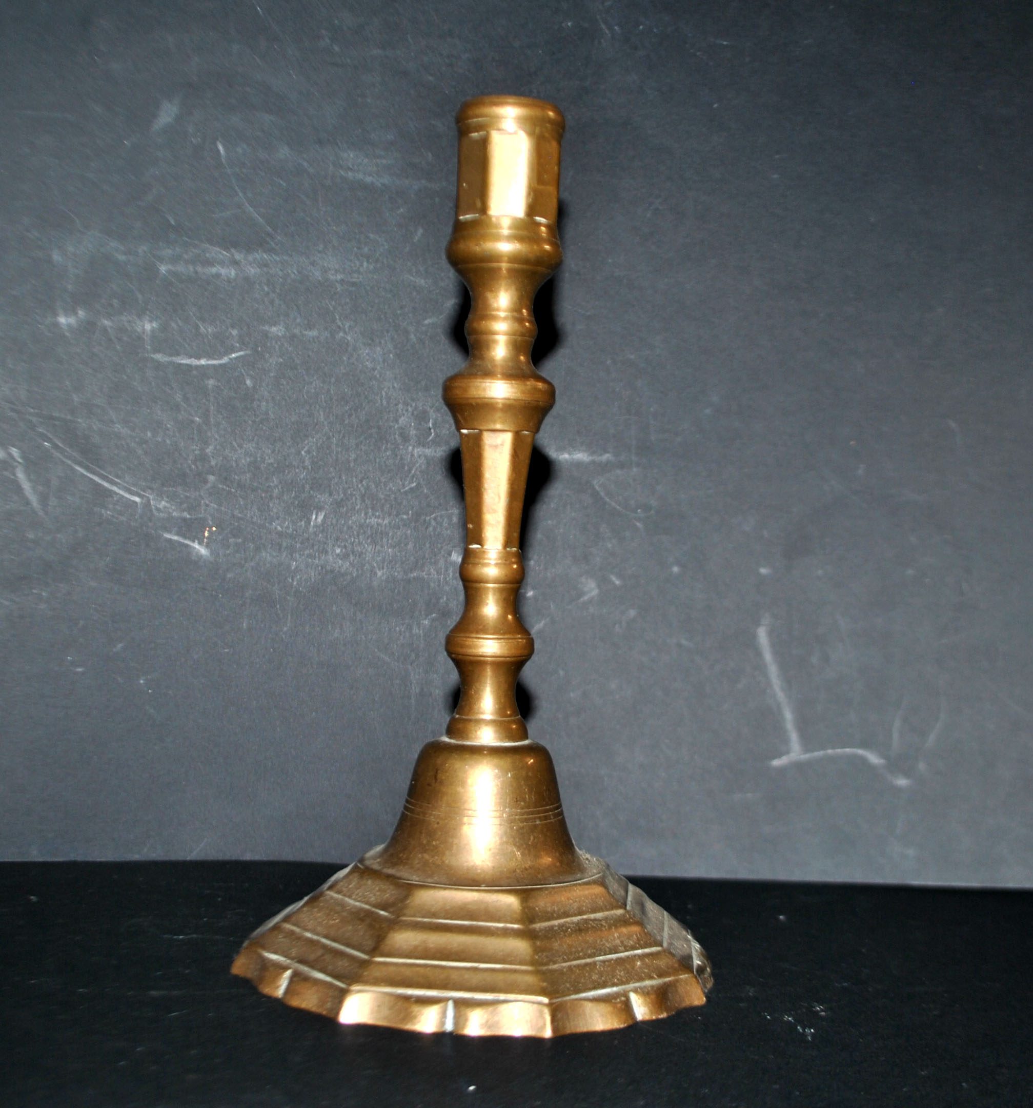 Bougeoir ancien BRONZE 18e s. chandelier octogonal chantourné Louis XIV 23.5cm – Image 6